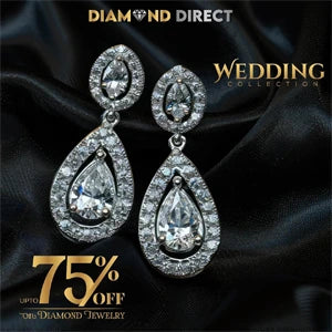 Diamond earrings on a dark fabric background with 'Diamond Direct' branding and sale text.