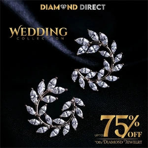 Diamond Direct wedding jewelry collection with leaf designs on a dark background, featuring a 75% off discount offer.
